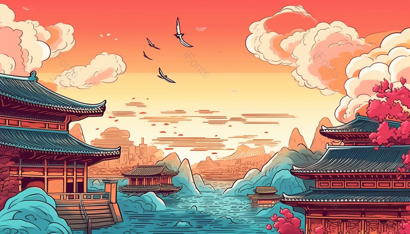 中国风山水建筑意境插画,插画/手绘图,插画/手绘图库,插画/手绘图下载,插画/手绘